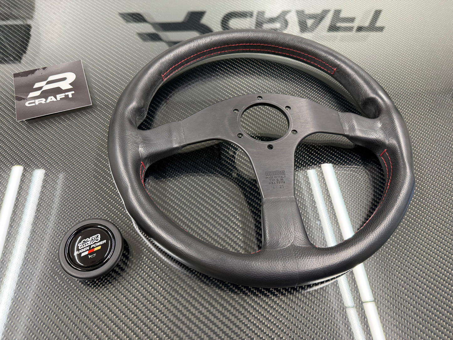 Used Mugen Racing 3 Steering Wheel Black Leather/Red Stitch